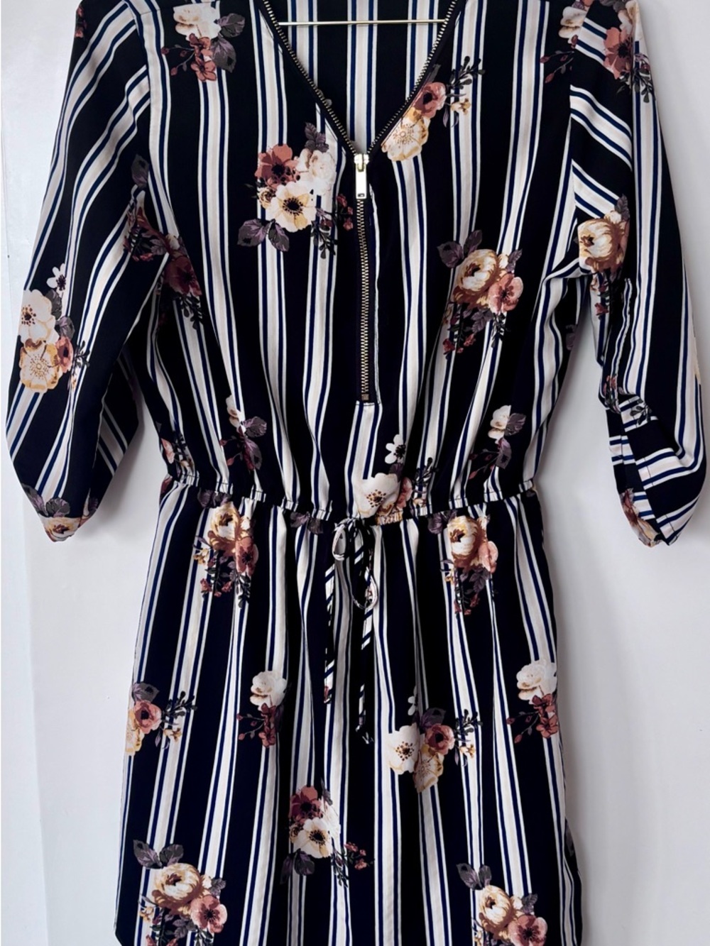 Stella Tweed| Black & White Striped Gold Floral 3/4 Sleeve Waist Cinched Dress S